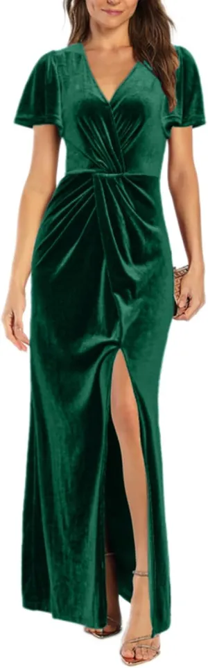 Simplee Women's Twist Front V Neck Velvet Maxi Dress Short Sleeve Fall Wedding Guest Long Semi Formal Dress with Slit