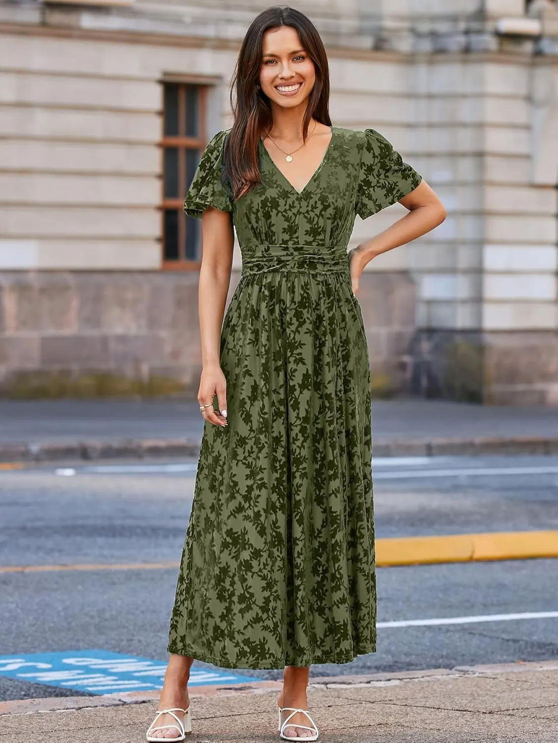 Simplee Women's Velvet Maxi Dress V Neck Short Sleeve Empire Waist Semi Formal Long Cocktail Dresses