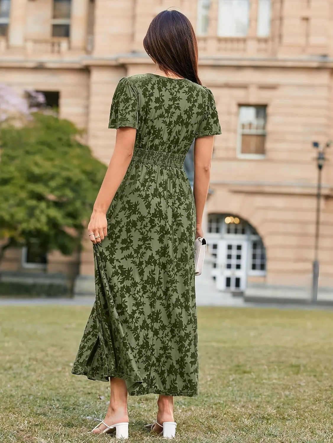 Simplee Women's Velvet Maxi Dress V Neck Short Sleeve Empire Waist Semi Formal Long Cocktail Dresses