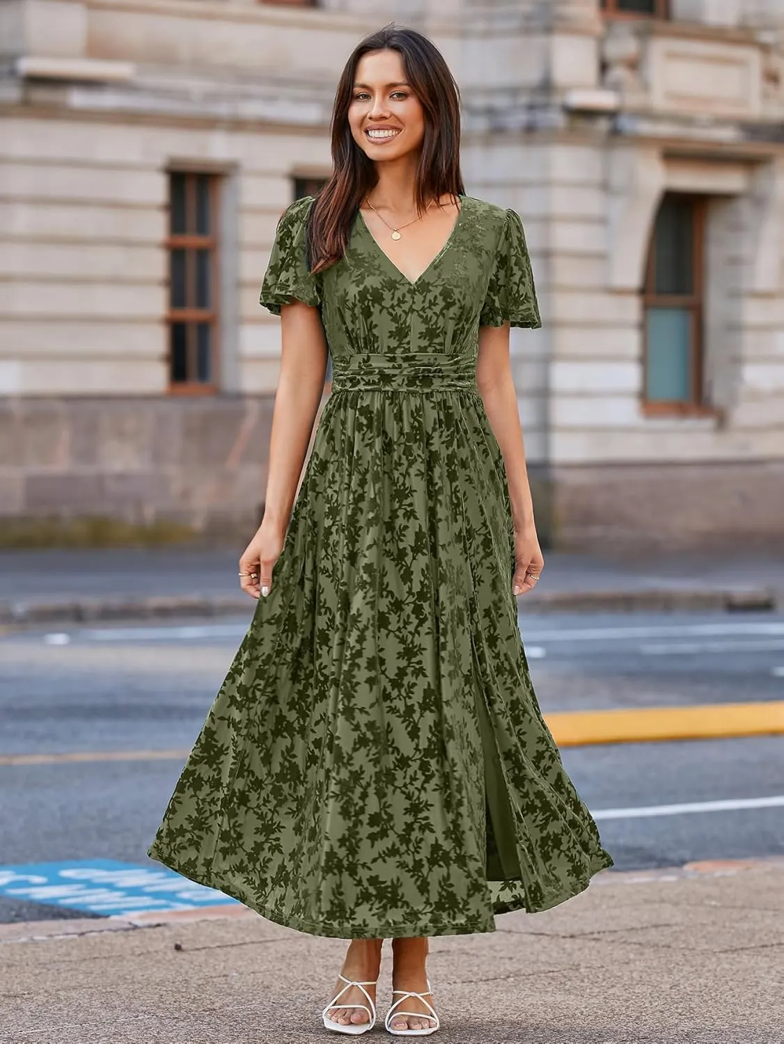 Simplee Women's Velvet Maxi Dress V Neck Short Sleeve Empire Waist Semi Formal Long Cocktail Dresses