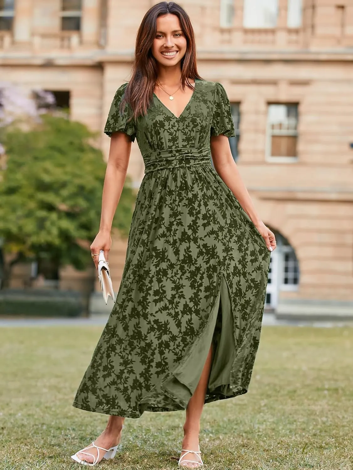 Simplee Women's Velvet Maxi Dress V Neck Short Sleeve Empire Waist Semi Formal Long Cocktail Dresses