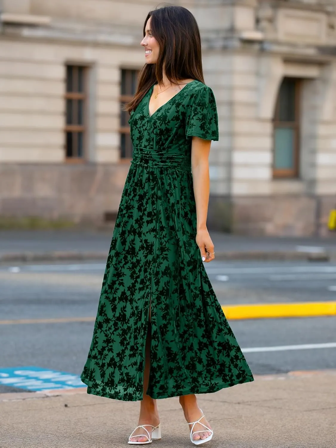 Simplee Women's Velvet Maxi Dress V Neck Short Sleeve Empire Waist Semi Formal Long Cocktail Dresses