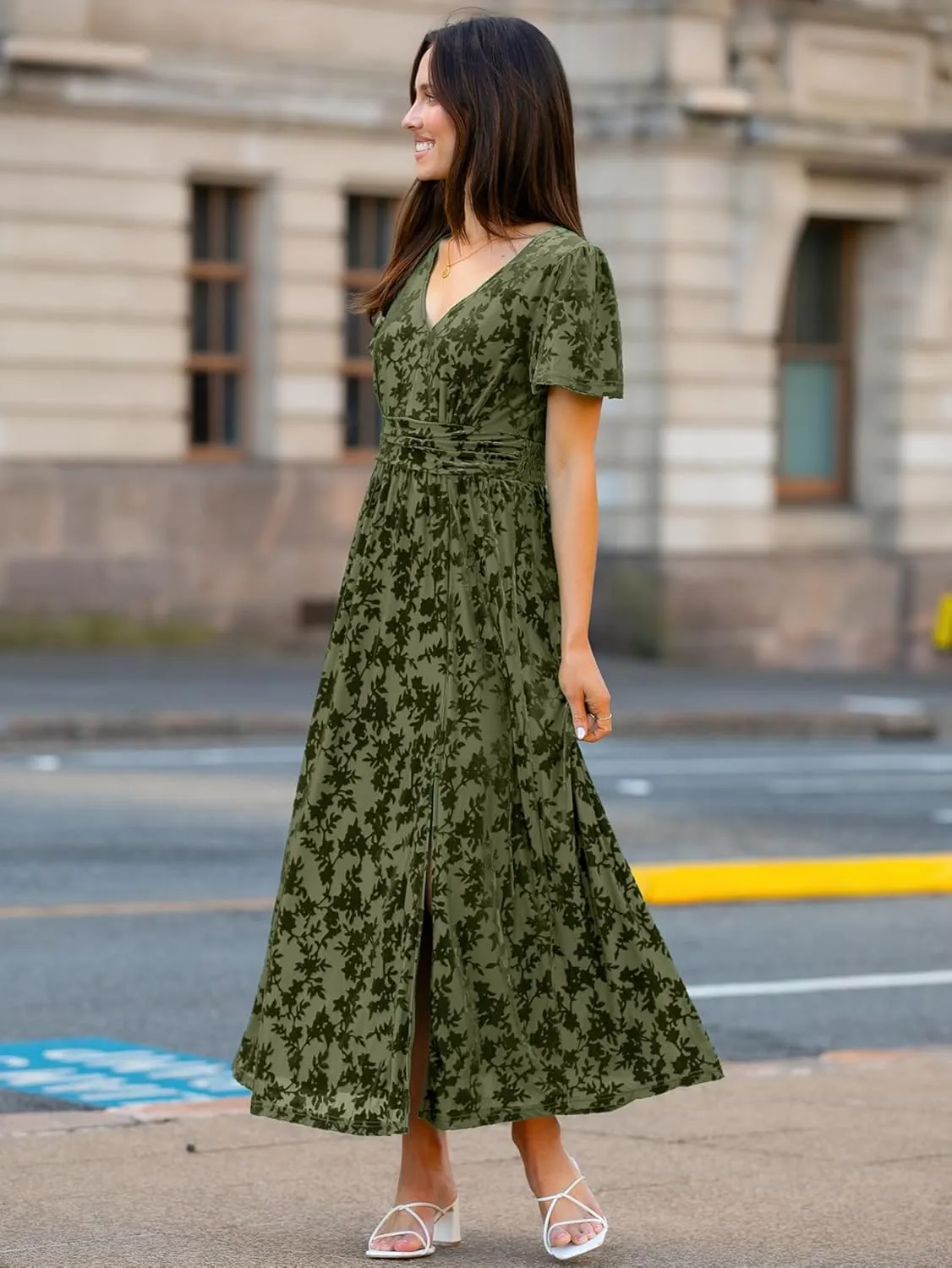 Simplee Women's Velvet Maxi Dress V Neck Short Sleeve Empire Waist Semi Formal Long Cocktail Dresses