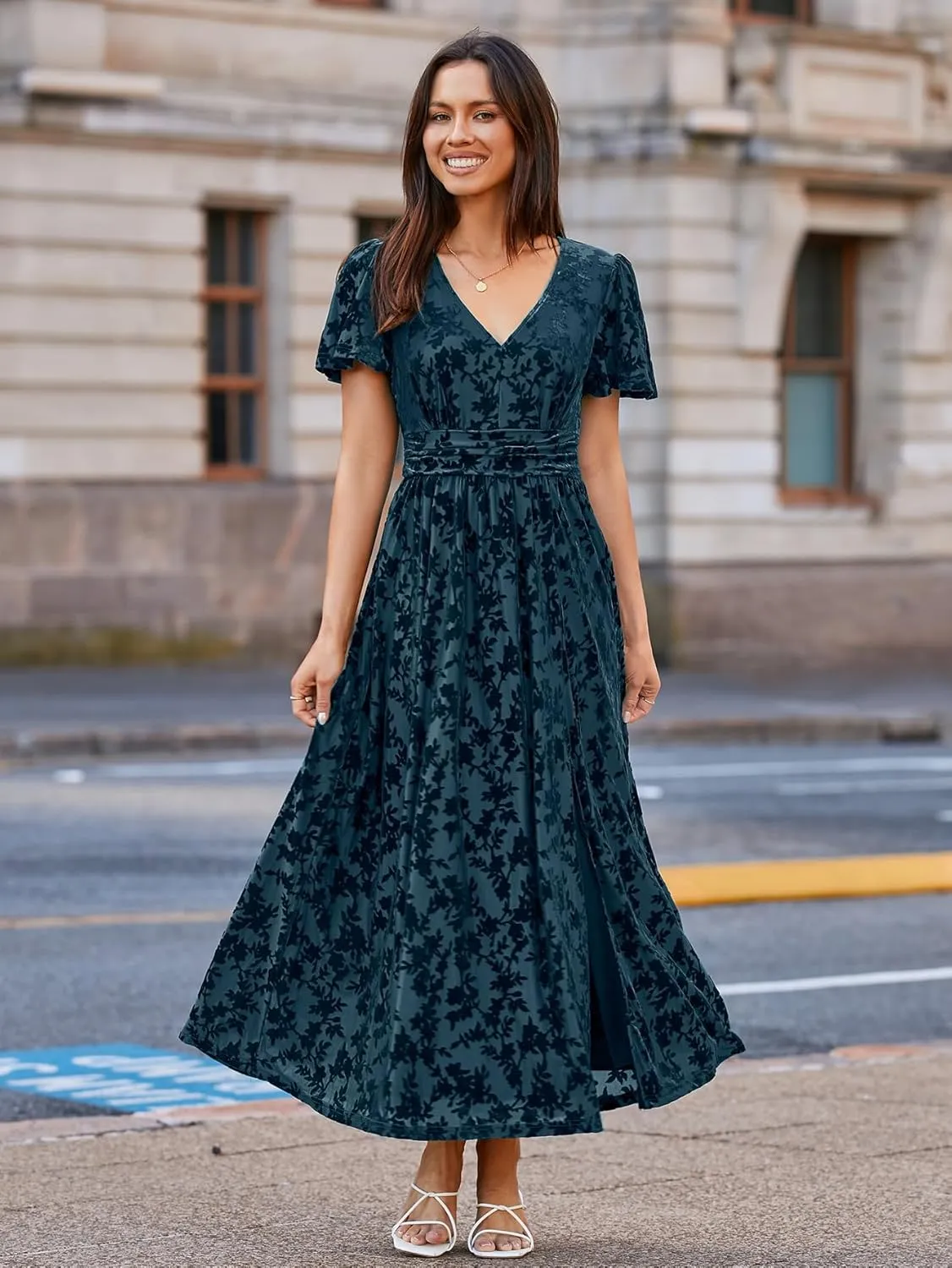 Simplee Women's Velvet Maxi Dress V Neck Short Sleeve Empire Waist Semi Formal Long Cocktail Dresses