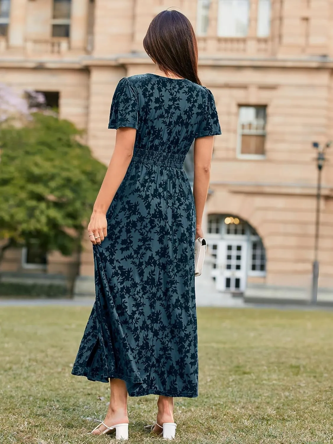 Simplee Women's Velvet Maxi Dress V Neck Short Sleeve Empire Waist Semi Formal Long Cocktail Dresses