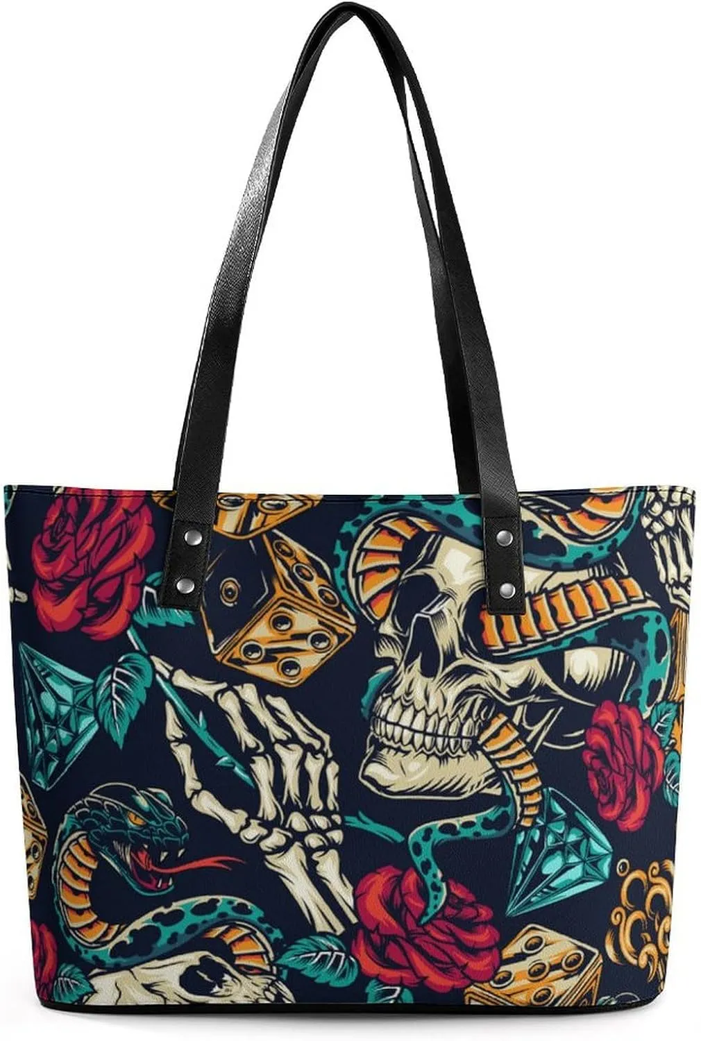 Skull Flowers Cherry Black And White Leather Handbag Smooth Wrinkle Resistant Lightweight And Convenient