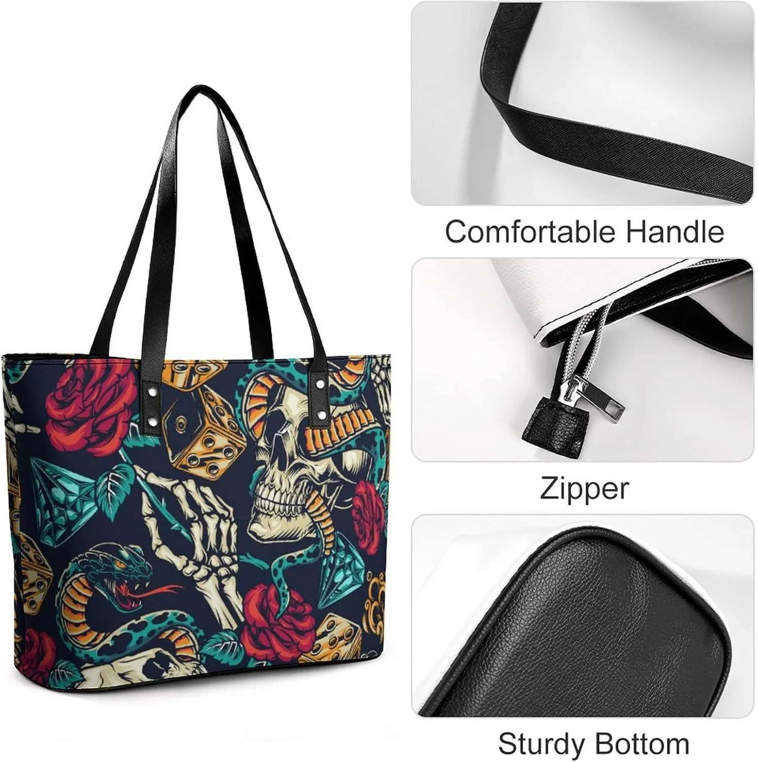 Skull Flowers Cherry Black And White Leather Handbag Smooth Wrinkle Resistant Lightweight And Convenient