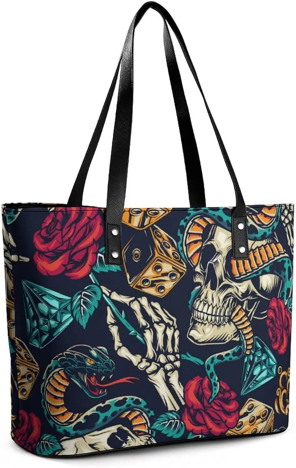 Skull Flowers Cherry Black And White Leather Handbag Smooth Wrinkle Resistant Lightweight And Convenient