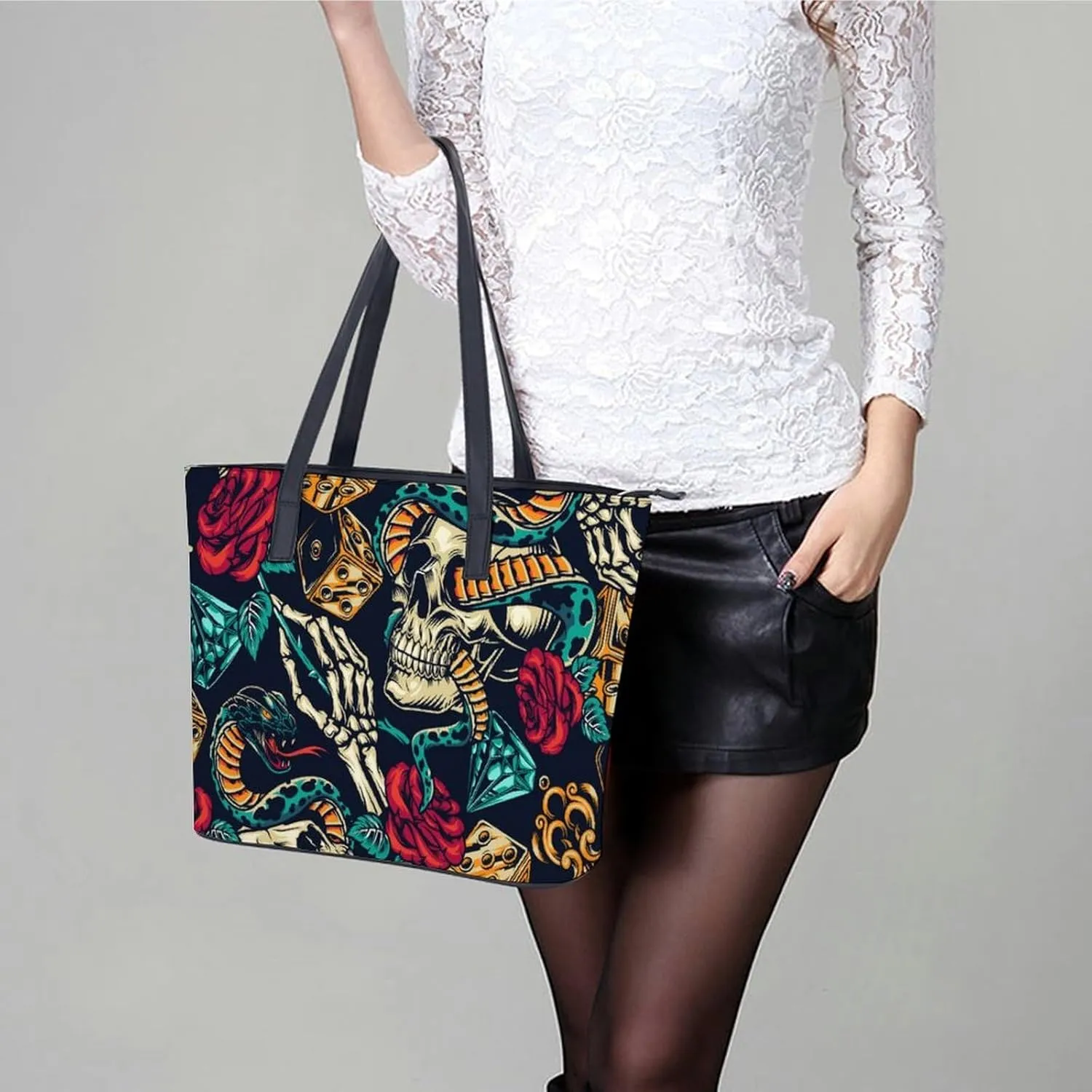 Skull Flowers Cherry Black And White Leather Handbag Smooth Wrinkle Resistant Lightweight And Convenient