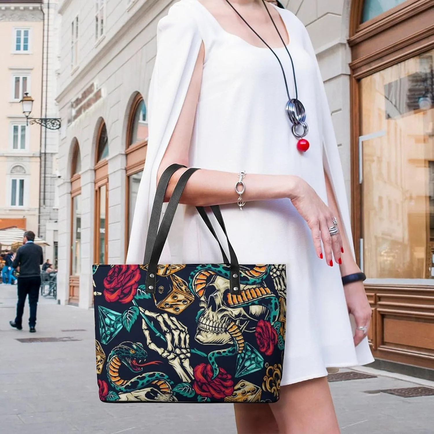 Skull Flowers Cherry Black And White Leather Handbag Smooth Wrinkle Resistant Lightweight And Convenient