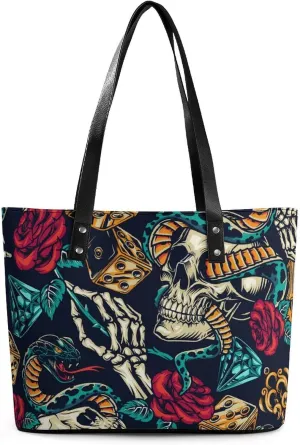 Skull Flowers Cherry Black And White Leather Handbag Smooth Wrinkle Resistant Lightweight And Convenient