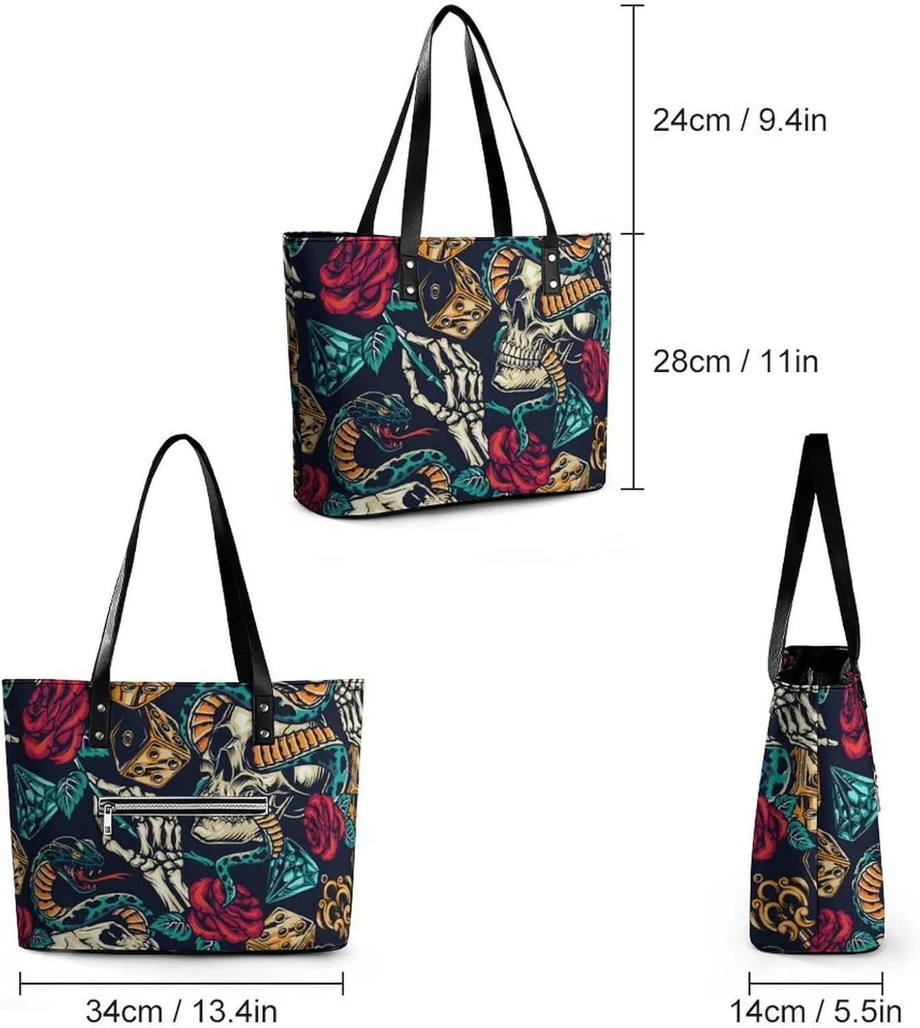 Skull Flowers Cherry Black And White Leather Handbag Smooth Wrinkle Resistant Lightweight And Convenient