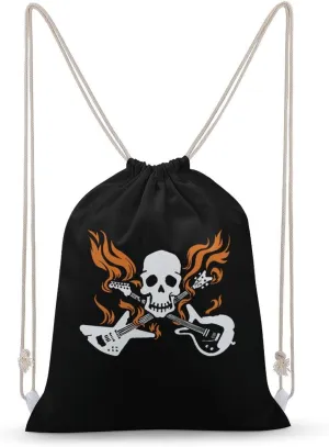 Skull with Crossed Flaming Guitars Drawstring Backpack Water Resistant Sports Gym Bag Travel for Men Women