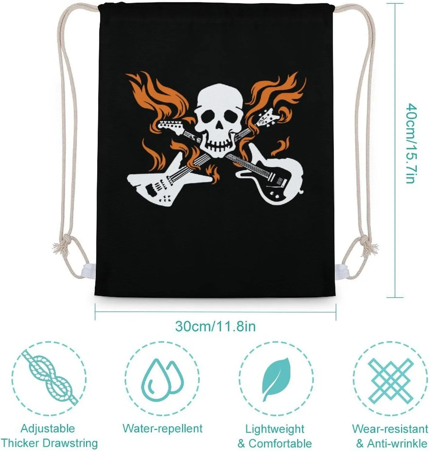 Skull with Crossed Flaming Guitars Drawstring Backpack Water Resistant Sports Gym Bag Travel for Men Women