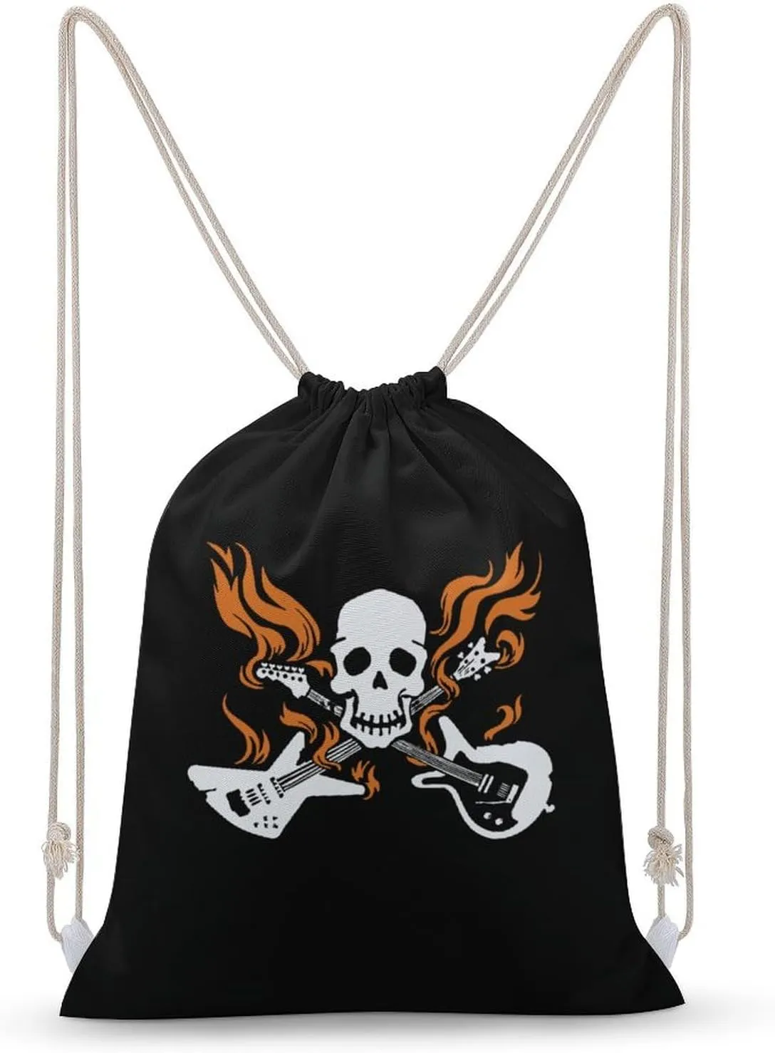 Skull with Crossed Flaming Guitars Drawstring Backpack Water Resistant Sports Gym Bag Travel for Men Women