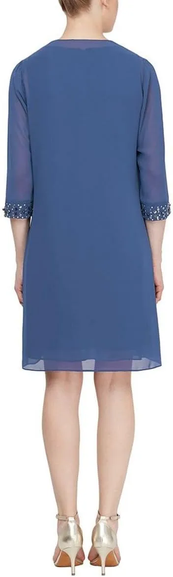 S.L. Fashions Women's Chiffon Tier Jacket Dress with Beaded Neck and Cuffs