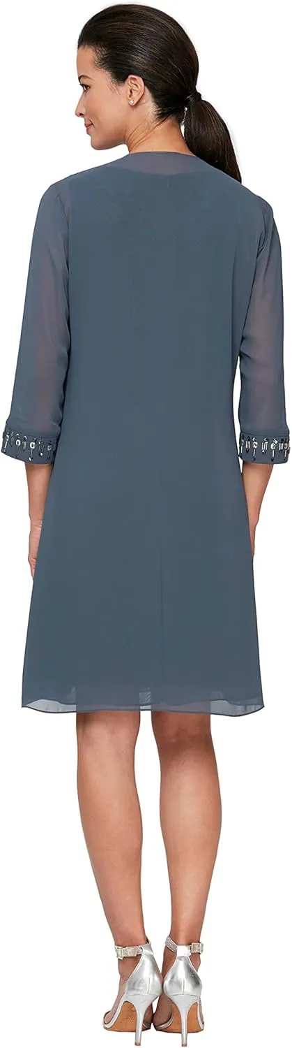 S.L. Fashions Women's Chiffon Tier Jacket Dress with Beaded Neck and Cuffs