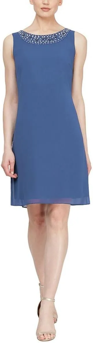 S.L. Fashions Women's Chiffon Tier Jacket Dress with Beaded Neck and Cuffs