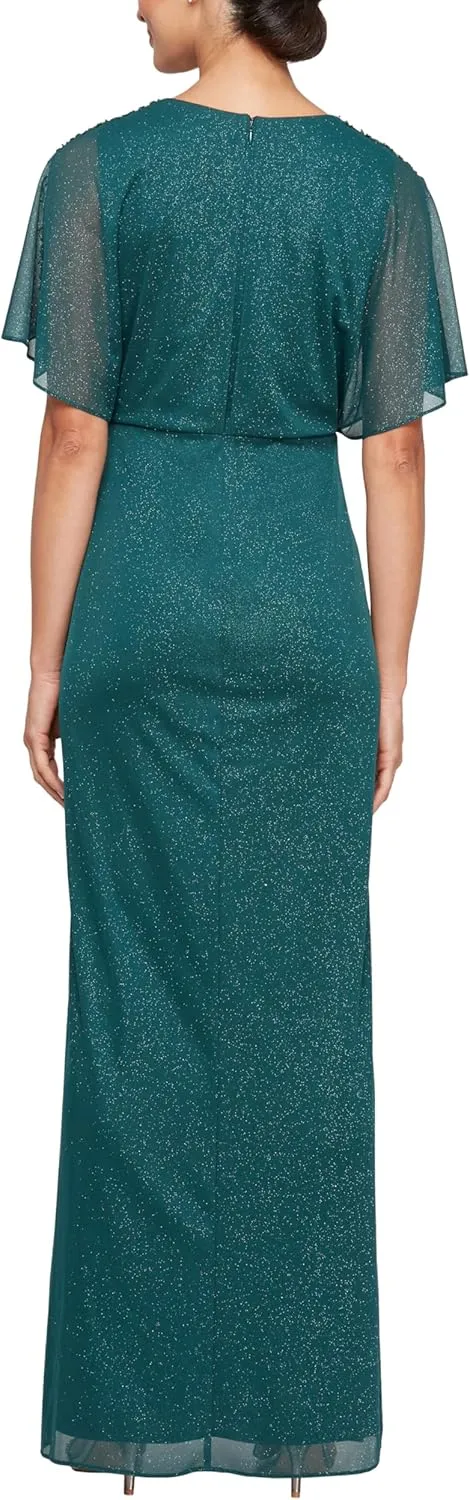 S.L. Fashions Women's Glitter Mesh Stretch Dress W/Shoulder Embellishment Formal Long Gown, (Petite and Regular Sizes)
