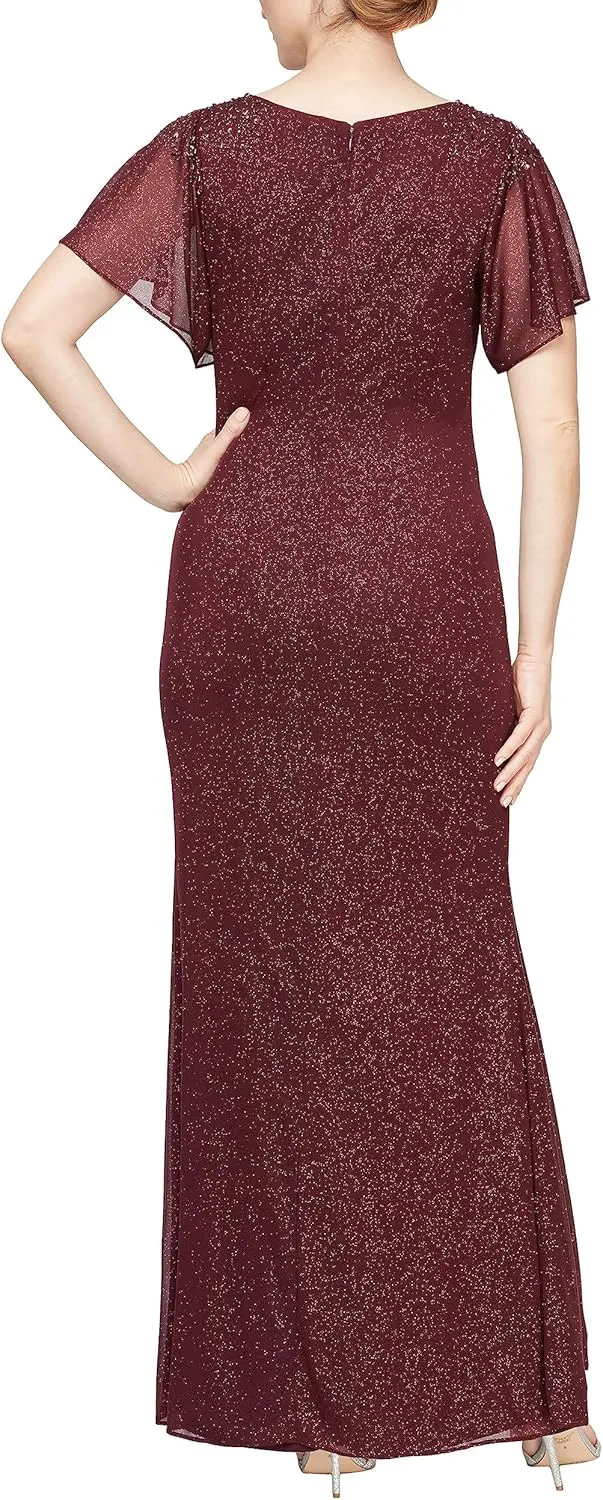S.L. Fashions Women's Glitter Mesh Stretch Dress W/Shoulder Embellishment Formal Long Gown, (Petite and Regular Sizes)