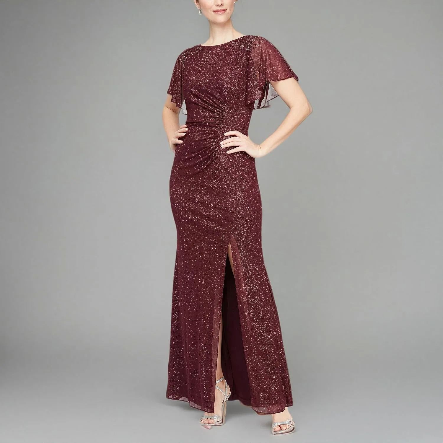S.L. Fashions Women's Glitter Mesh Stretch Dress W/Shoulder Embellishment Formal Long Gown, (Petite and Regular Sizes)