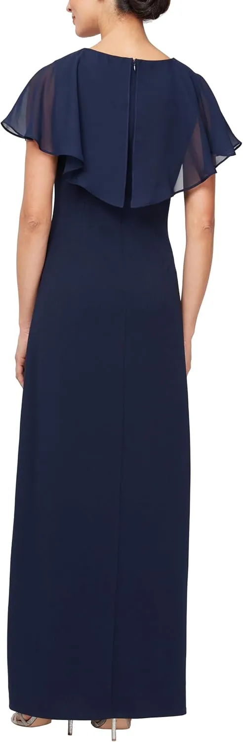S.L. Fashions Women's Long Fit & Flare Dress with Illusion Overlay Bodice and Front Slit (Petite and Regular Sizes)