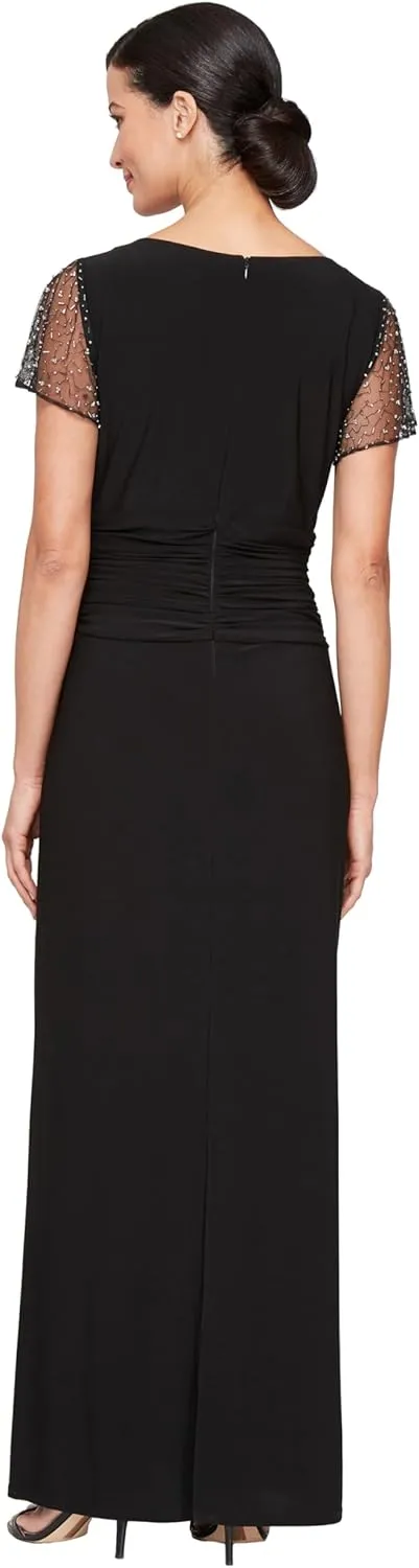 S.L. Fashions Women's Long Length Ruched Waist Formal Evening Dress with Beaded Illusion Sleeves (Petite and Regular Sizes)