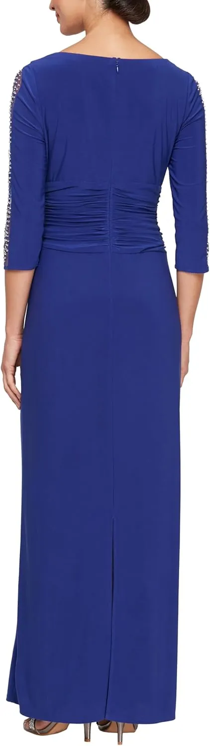 S.L. Fashions Women's Long Length Ruched Waist Formal Evening Dress with Beaded Illusion Sleeves (Petite and Regular Sizes)