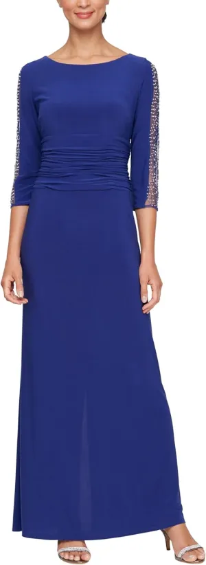 S.L. Fashions Women's Long Length Ruched Waist Formal Evening Dress with Beaded Illusion Sleeves (Petite and Regular Sizes)