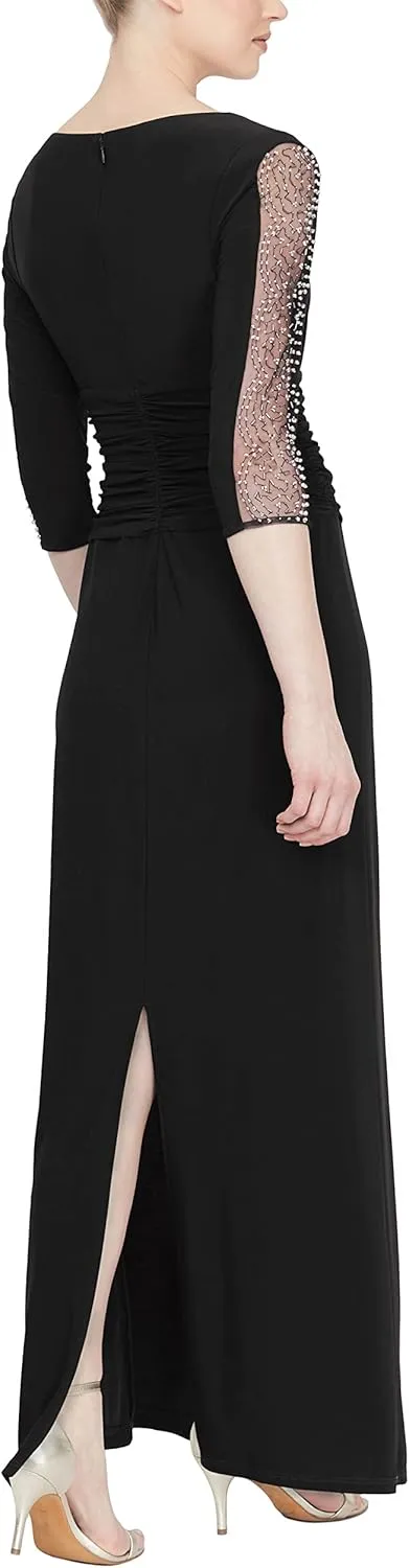 S.L. Fashions Women's Long Length Ruched Waist Formal Evening Dress with Beaded Illusion Sleeves (Petite and Regular Sizes)