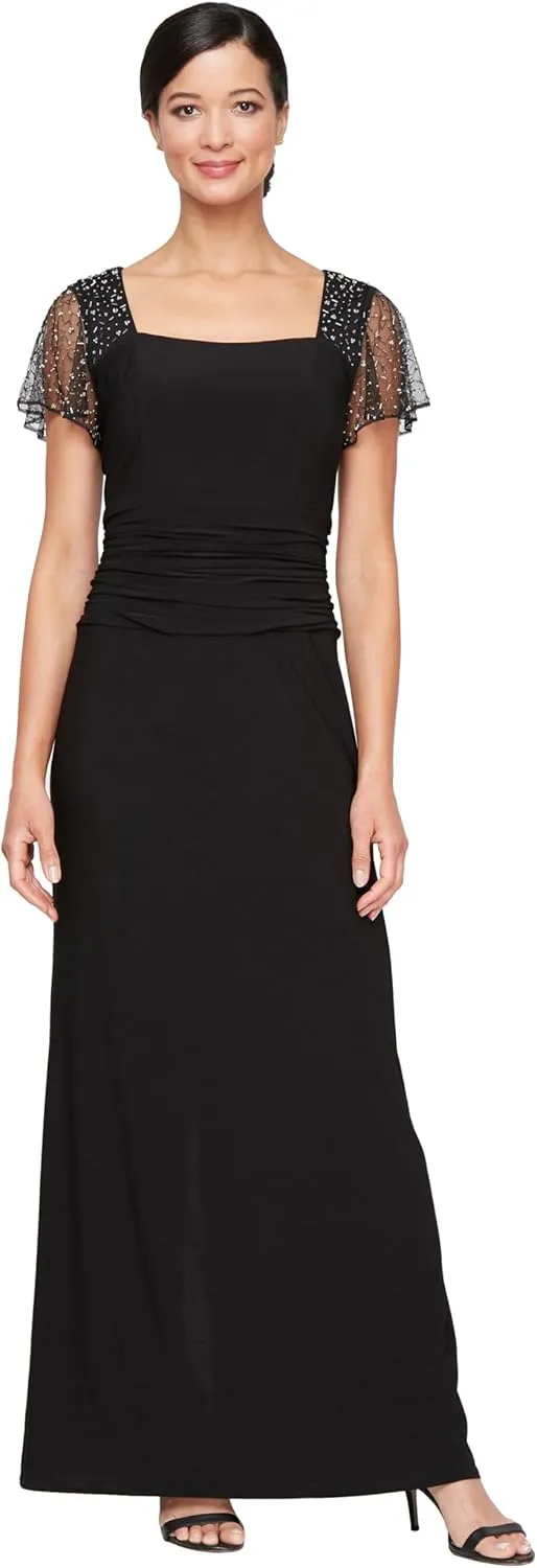 S.L. Fashions Women's Long Length Ruched Waist Formal Evening Dress with Beaded Illusion Sleeves (Petite and Regular Sizes)