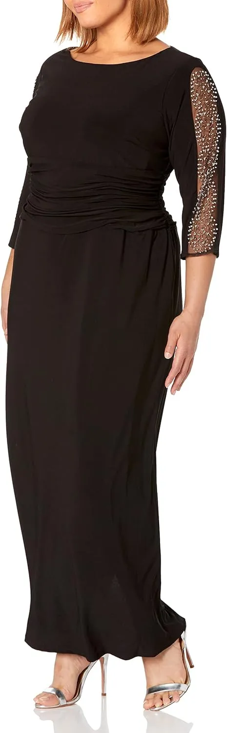 S.L. Fashions Women's Long Length Ruched Waist Formal Mother of The Dress with Beaded Illusion 3/4 Sleeves Size, Black, 18 Plus