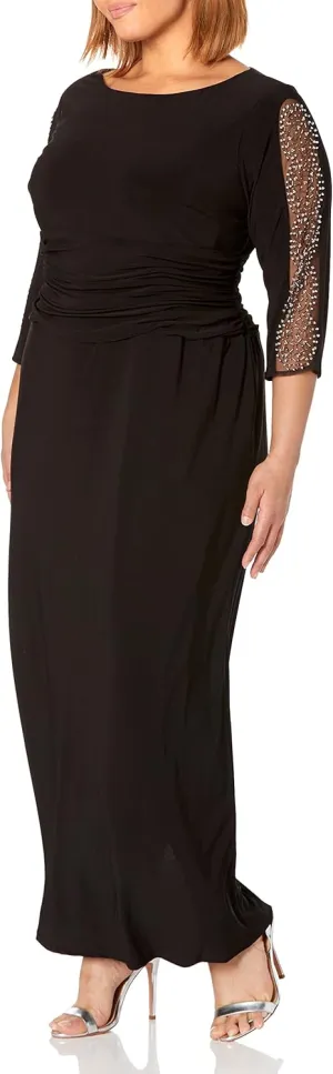 S.L. Fashions Women's Long Length Ruched Waist Formal Mother of The Dress with Beaded Illusion 3/4 Sleeves Size, Black, 18 Plus