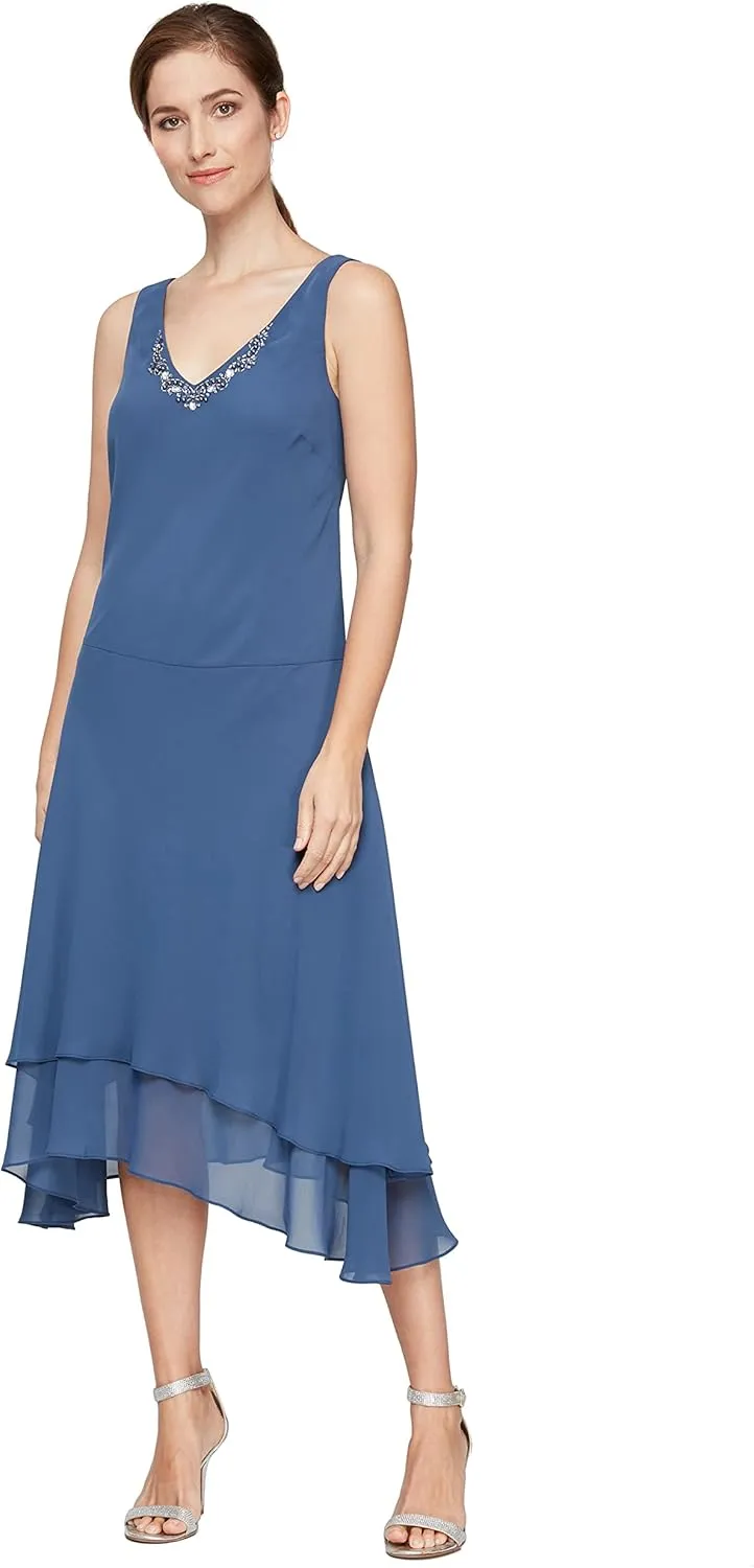 S.L. Fashions Women's Midi Length Beaded V-Neck Tiered Dress with Cascade Jacket