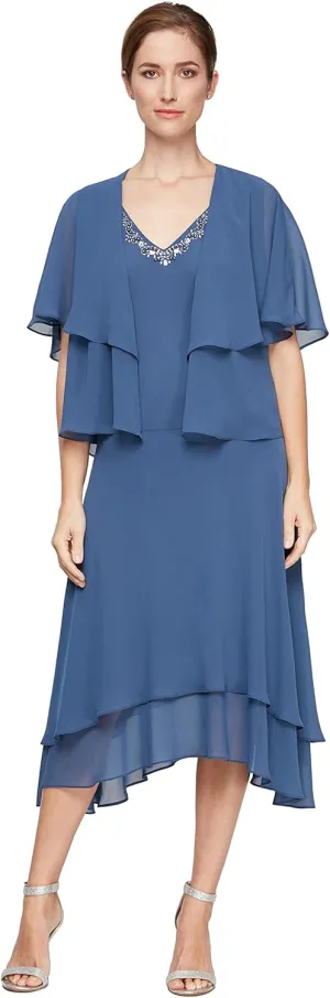 S.L. Fashions Women's Midi Length Beaded V-Neck Tiered Dress with Cascade Jacket