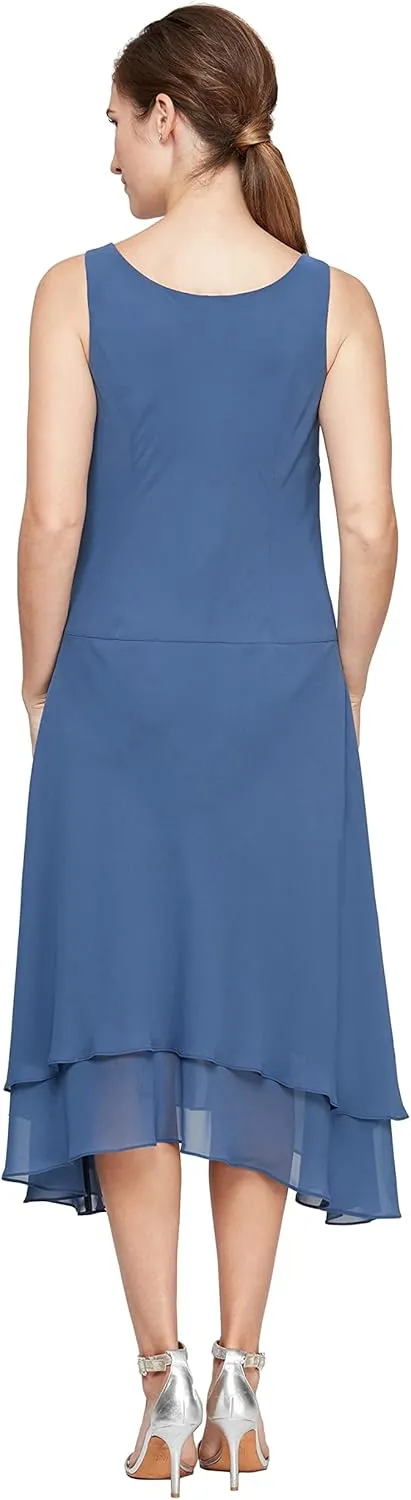 S.L. Fashions Women's Midi Length Beaded V-Neck Tiered Dress with Cascade Jacket