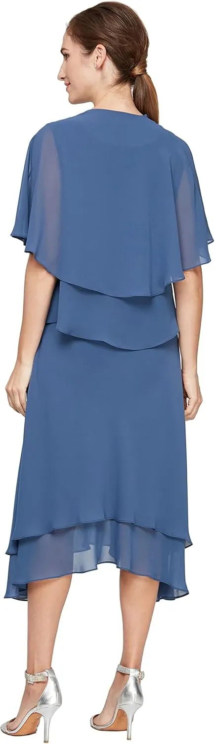 S.L. Fashions Women's Midi Length Beaded V-Neck Tiered Dress with Cascade Jacket