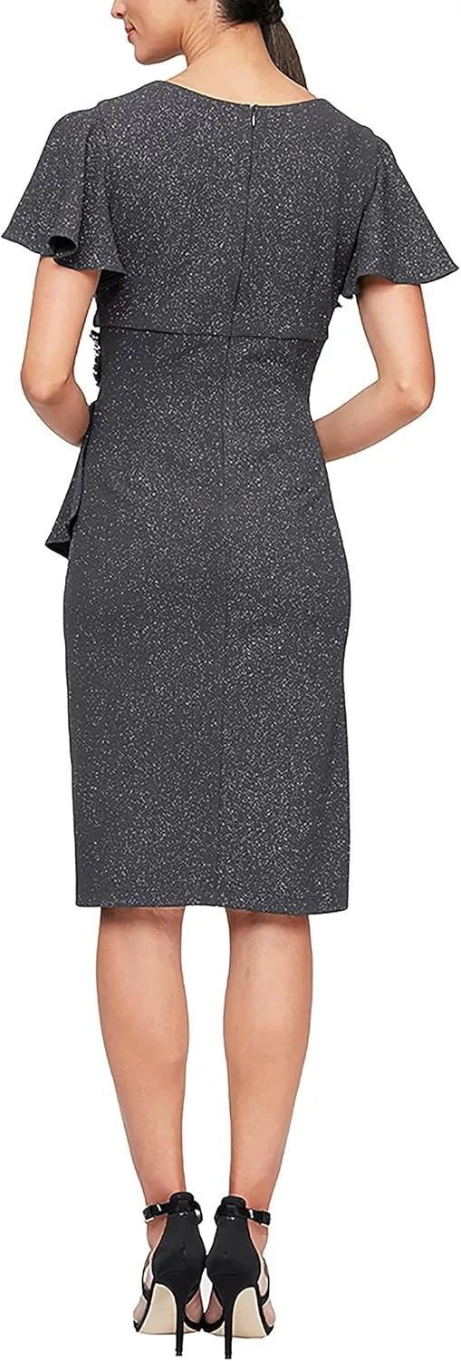 S.L. Fashions Women's Midi V-Neck Sheath Cocktail Dress W/Flutter Sleeves, Wedding Guest (Petite and Regular Sizes)