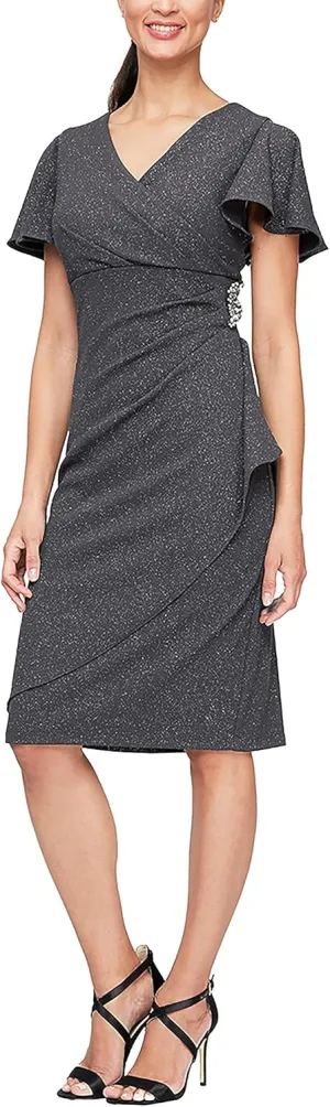 S.L. Fashions Women's Midi V-Neck Sheath Cocktail Dress W/Flutter Sleeves, Wedding Guest (Petite and Regular Sizes)