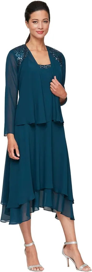 S.L. Fashions Women's Mother of the Bride Dress w/ Embellished Neckline & Shoulder, Wedding Guest (Petite and Regular Sizes)