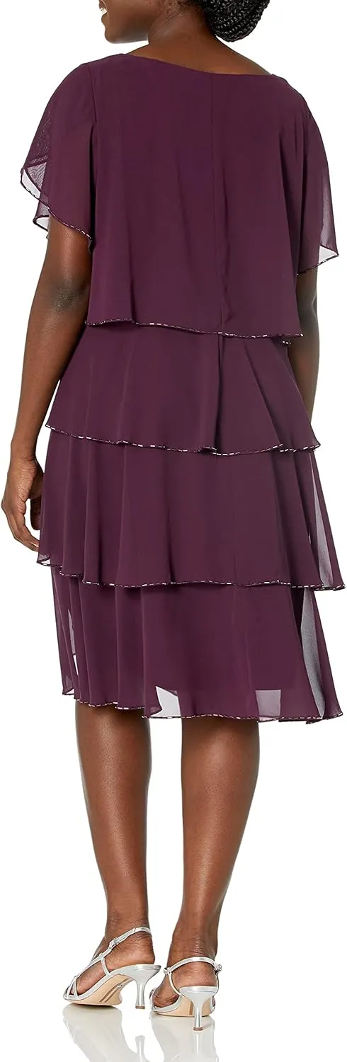 S.L. Fashions Women's Plus Size Capelet Tier Dress with Beaded Detail-Closeout