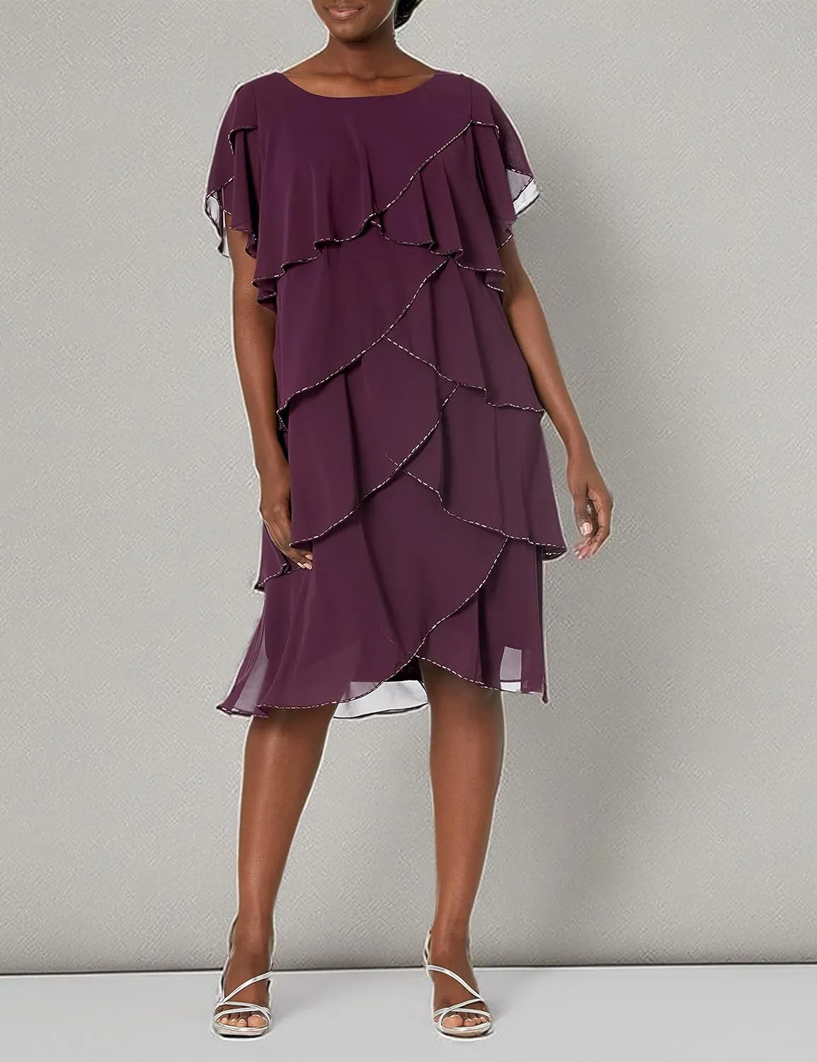 S.L. Fashions Women's Plus Size Capelet Tier Dress with Beaded Detail-Closeout