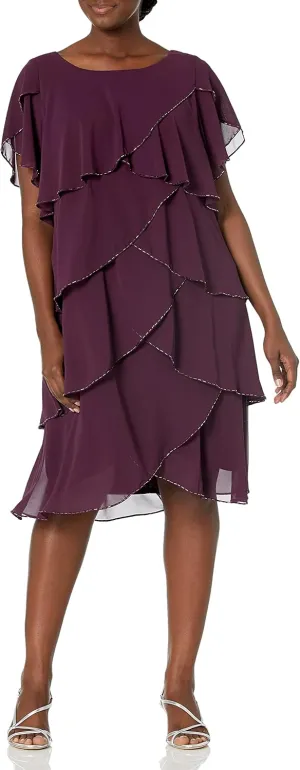 S.L. Fashions Women's Plus Size Capelet Tier Dress with Beaded Detail-Closeout
