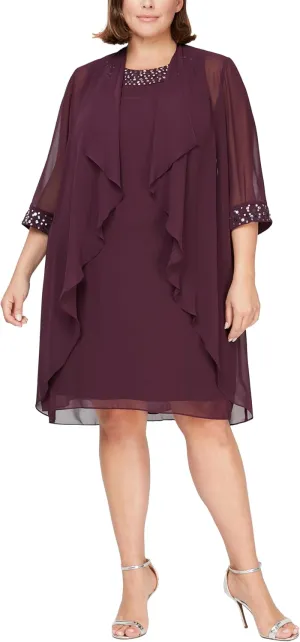 S.L. Fashions Women's Plus Size Chiffon Tier Jacket Dress with Beading Detail