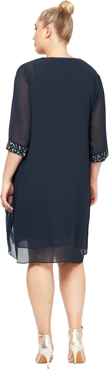 S.L. Fashions Women's Plus Size Chiffon Tier Jacket Dress with Beading Detail