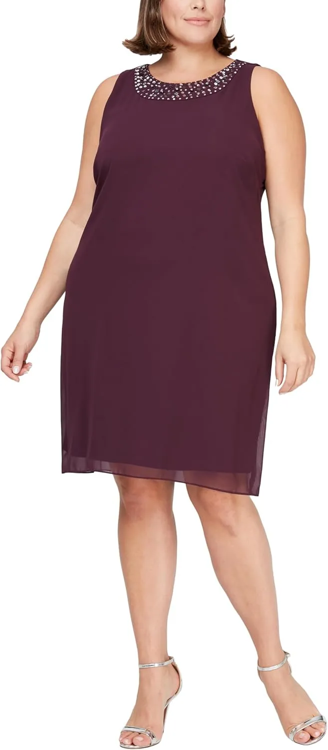 S.L. Fashions Women's Plus Size Chiffon Tier Jacket Dress with Beading Detail