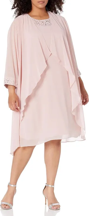 S.L. Fashions Women's Plus Size Chiffon Tier Jacket Dress with Beading Detail
