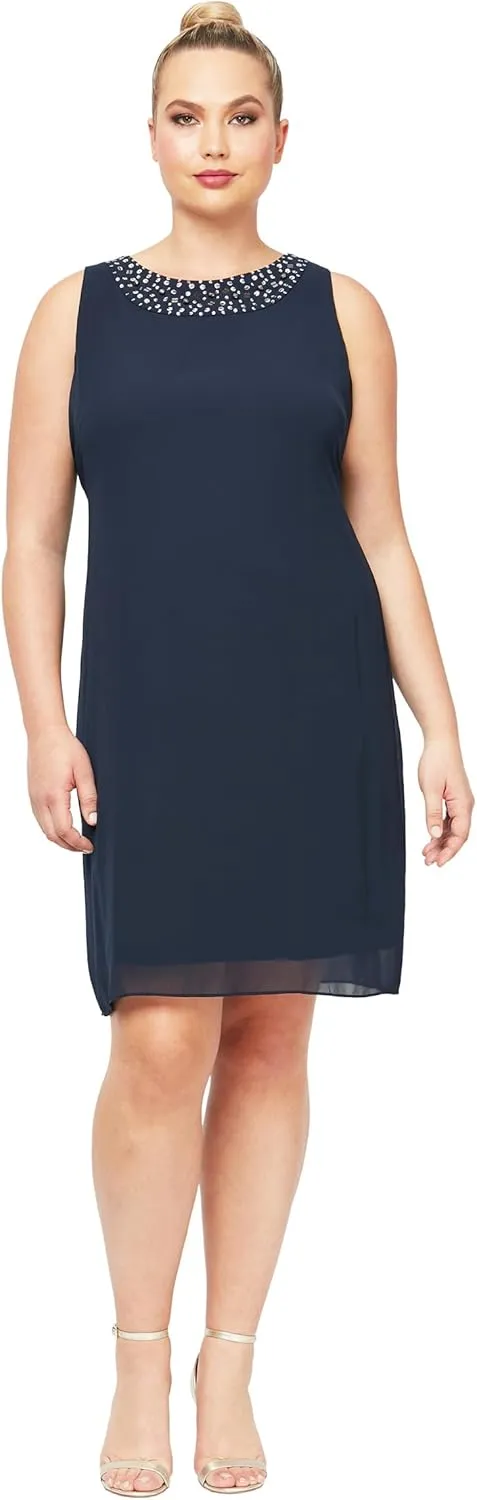 S.L. Fashions Women's Plus Size Chiffon Tier Jacket Dress with Beading Detail