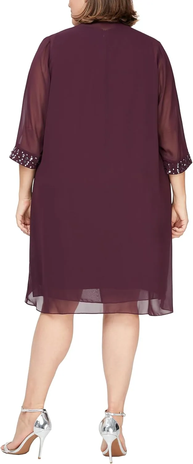 S.L. Fashions Women's Plus Size Chiffon Tier Jacket Dress with Beading Detail