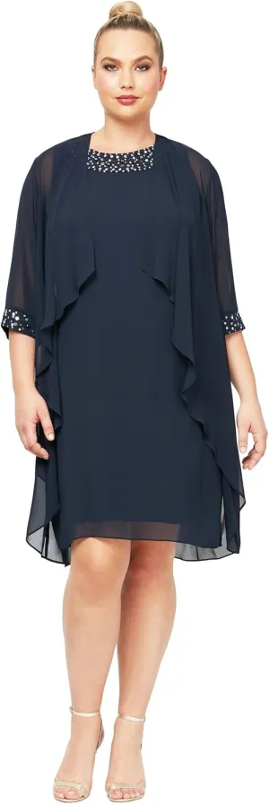 S.L. Fashions Women's Plus Size Chiffon Tier Jacket Dress with Beading Detail